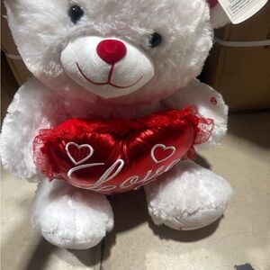 White Plush Valentine Teddy Bear Holding Red 'Love' Heart